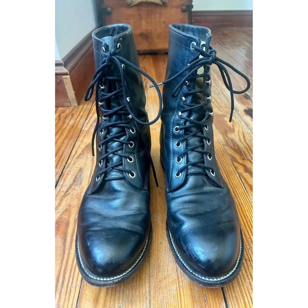 Justin 506 Mens Black Leather Lace Up Combat Work Boots Style 74149 Size 9.5 EE